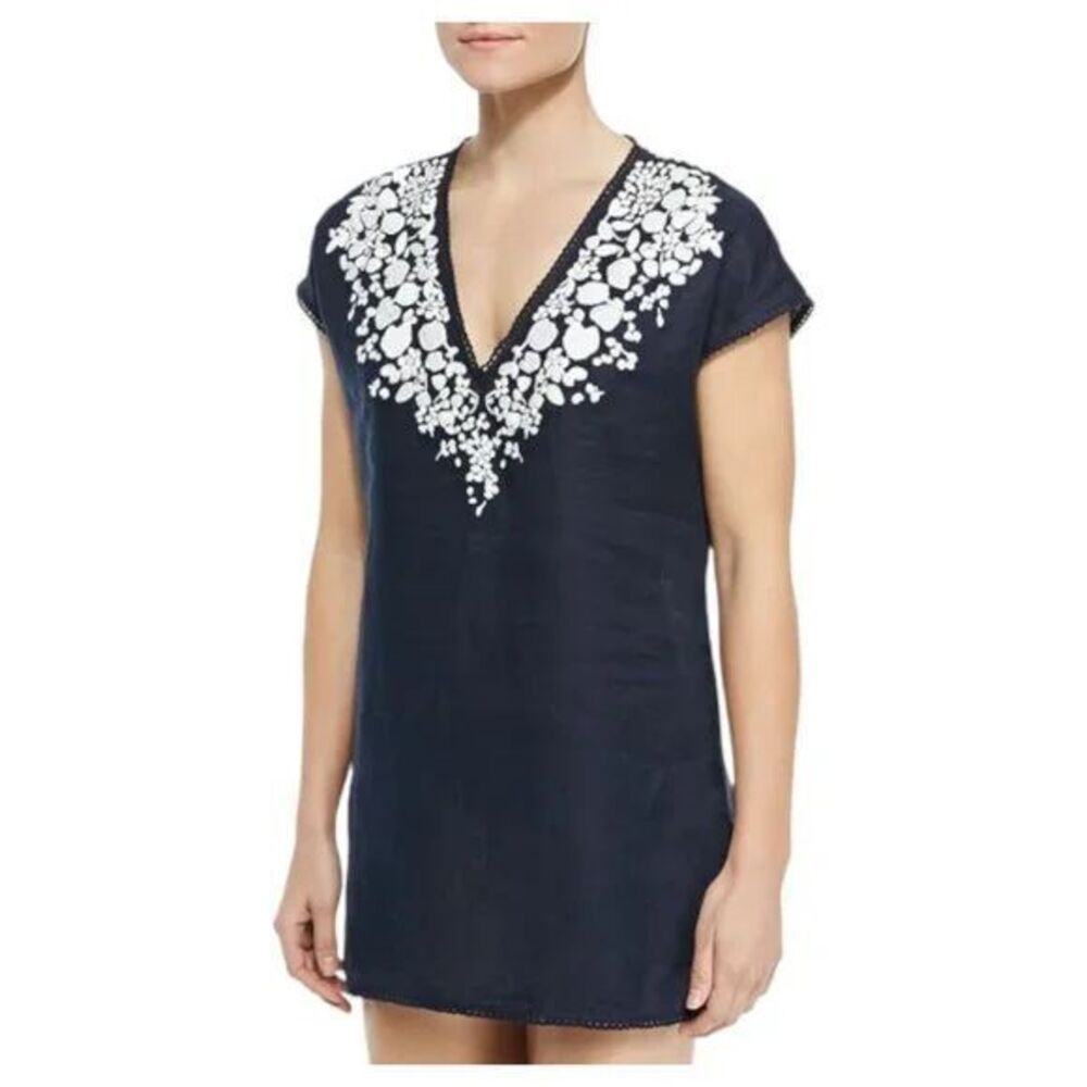 Tory Burch Navy Blue White Issy Scallop-Trim Embroidered Linen Tunic Top Size XS